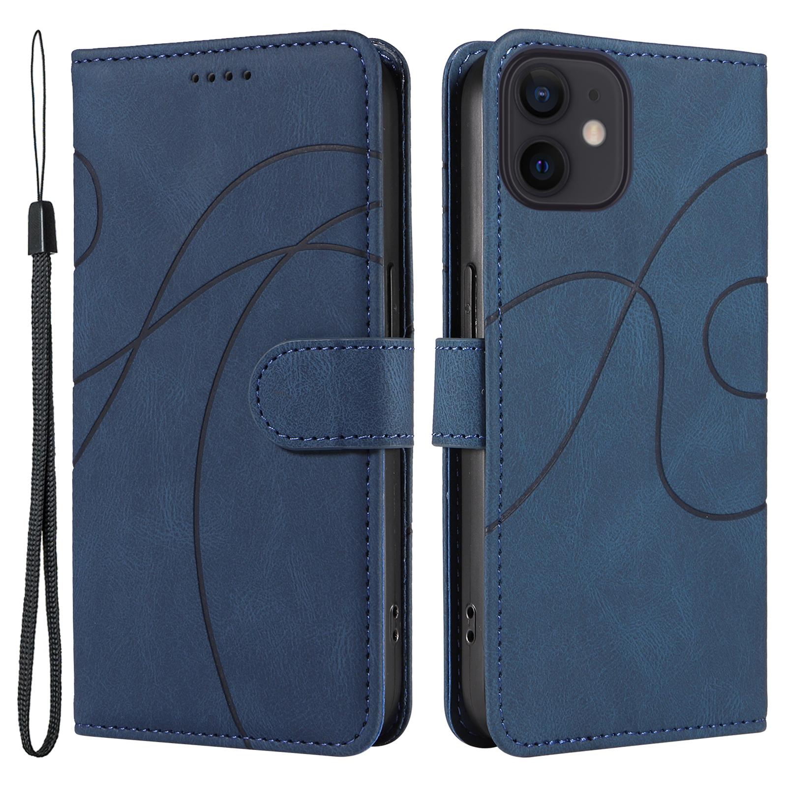 

For iPhone 11 PU Leather Folio Case Wallet Stand Imprinted Line Phone Cover with Strap Blue