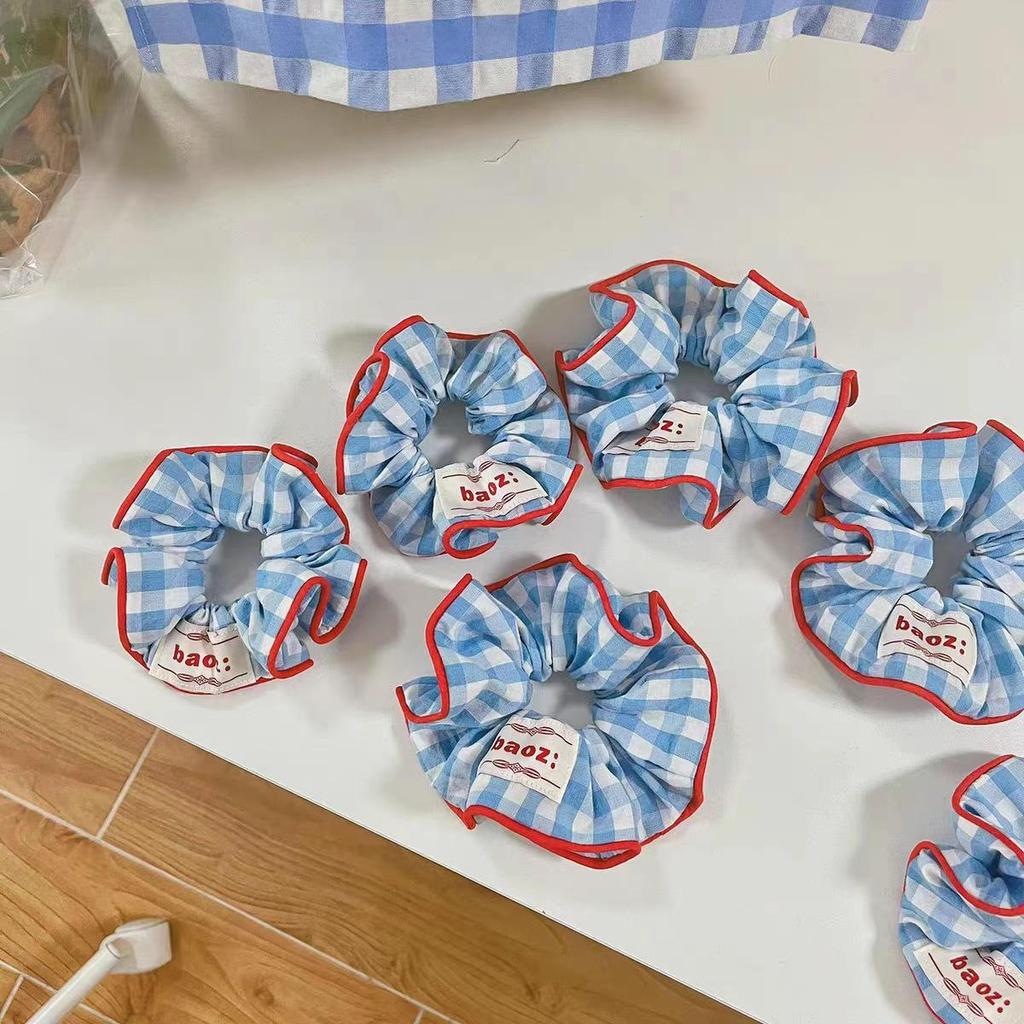 Korean Style Red & Blue Color Block Plaid Hair Tie – Cute Childlike Large Scrunchie