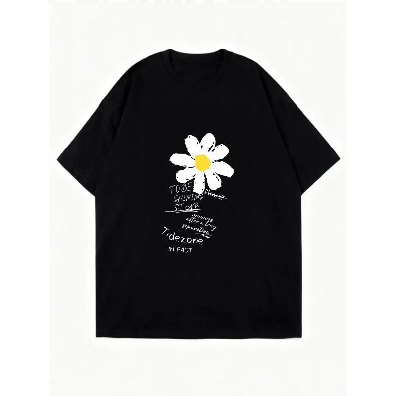 White Oversized T Shirt With Daisy Flower And Text Print For Casual Wear