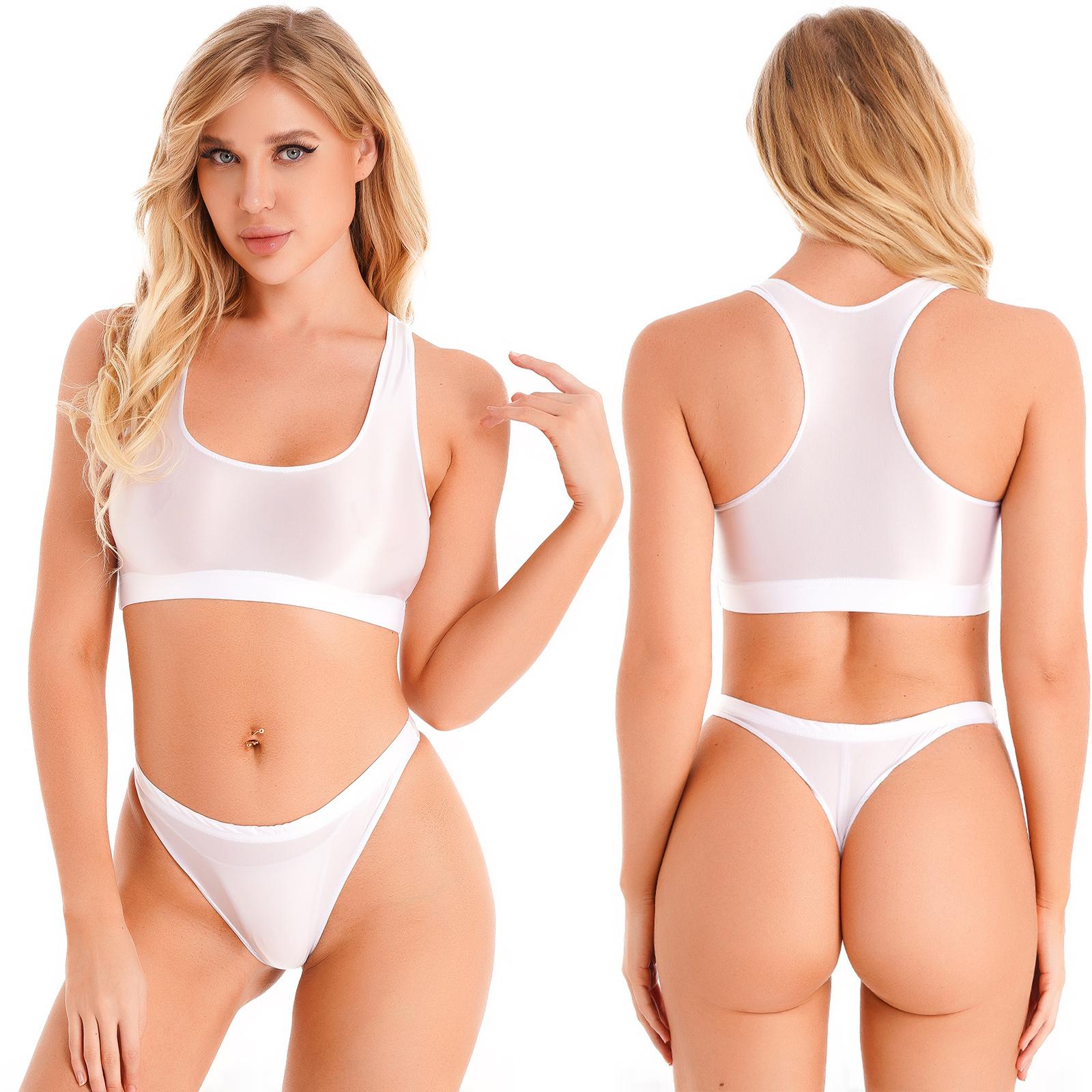 

Womens Glossy Sleeveless U Neck Tank Top with Low Rise Briefs Sport Fitness Swimwear Set XL