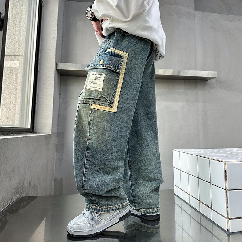 Jeans Cargo a Gamba Dritta Rilassati per Ragazzi Adolescenti Pantaloni in Denim Larghi con Tasche Pantaloni Casual per Bambini