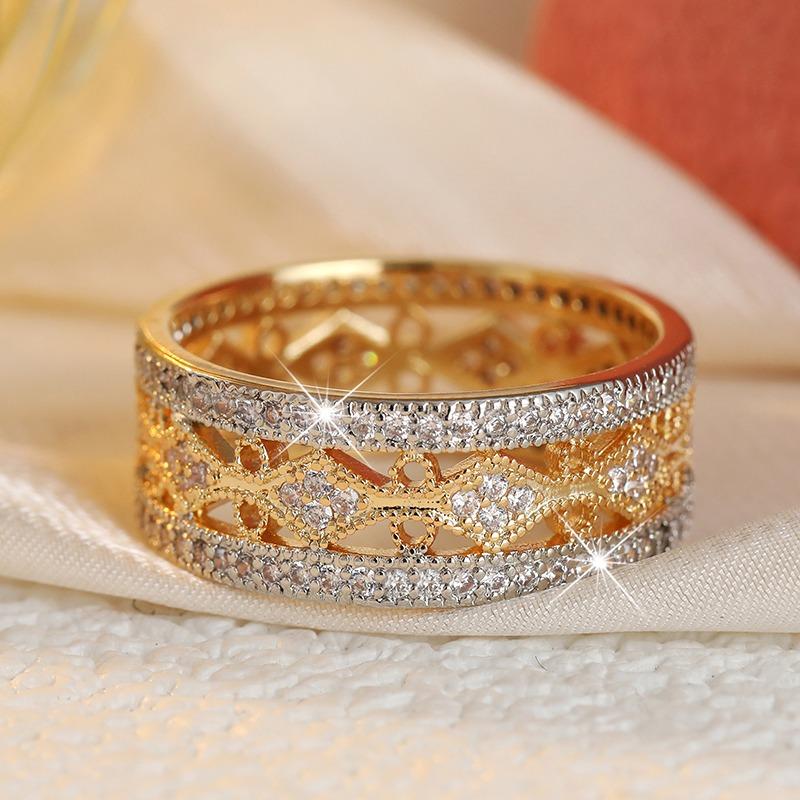 Luxury Inlaid White CZ Women's Ring Retro Two Color Geometry Daily Wear Party Jewelry Anniversary Gift