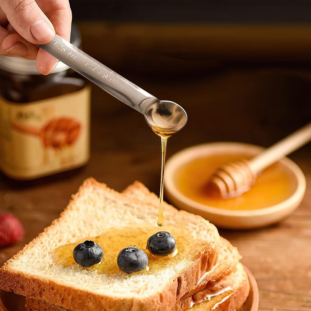YFWOOD Stainless Steel Measuring Spoon Set (7 pieces) - 15ml each, with thin spatula. Includes tablespoons, teaspoons, and measuring marks.