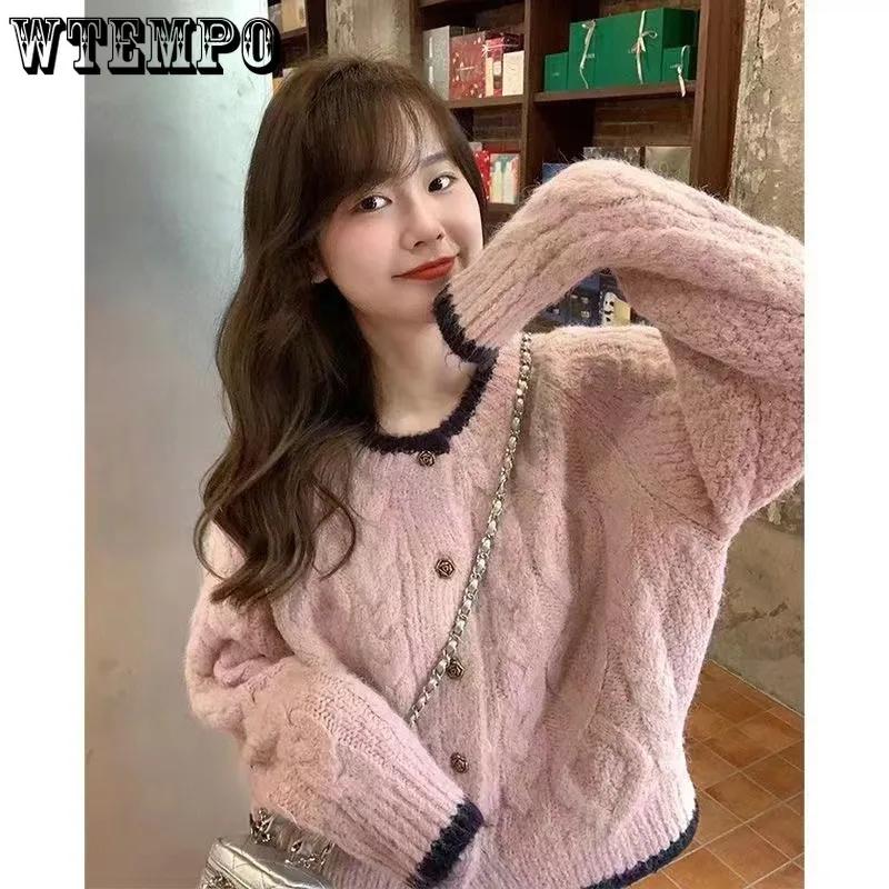 WTEMPO Women's Long Sleeve Short Cardigan Loose Casual Crop Knitted Sweater Crewneck Fall Winter Ladies Button Down Knitwear
