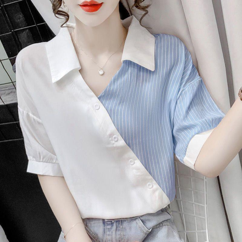 Striped Shirt Women Contrast Color Casual Blouse Female Lapel Shorts Sleeve Chic Shirts Ladies Fashion Loose Office Shirt