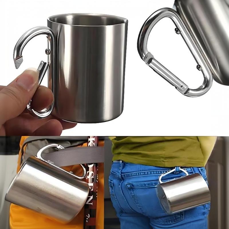 Stainless Steel Mountaineering Water Cup Button Coffee Camping Mug With Carabiner Handle Climbing Hiking Backpacking Travel Cups