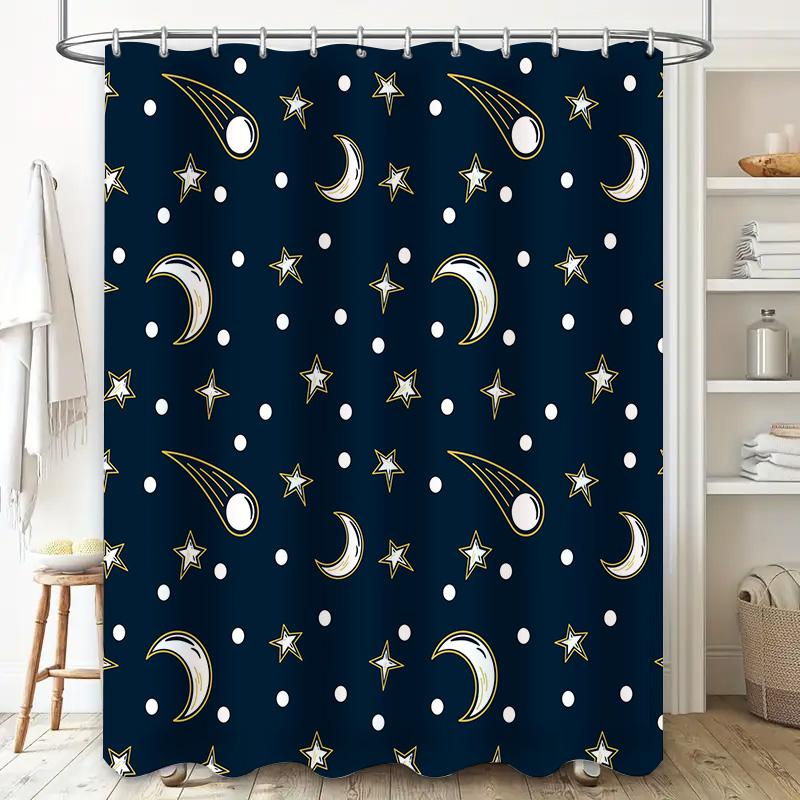 Starry Night Moon Star Print Shower Curtain Waterproof Bath Decoration for Home Decor Navy Blue White