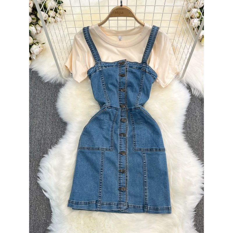 Denim Brace Dress Women's Slim Looking Fashion Stretch Jumpsuit Suspender Short Skirt Two-piece Set Loose round Neck T-shirt Summer