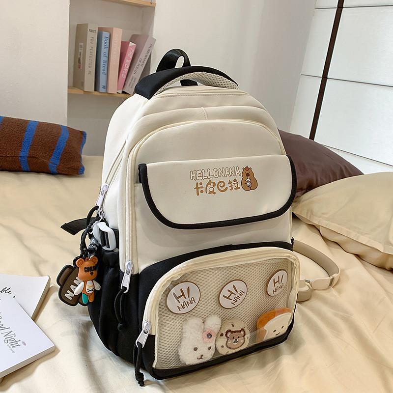 Capybara Color Blocked Letter Print Student Backpack With Pendant Badge And