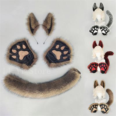 Halloween Werewolf Costume Set Fluffy Wolf Ears Headband Claw Gloves Tail Kit Faux Fur Scary Cosplay Party Costume Accessories