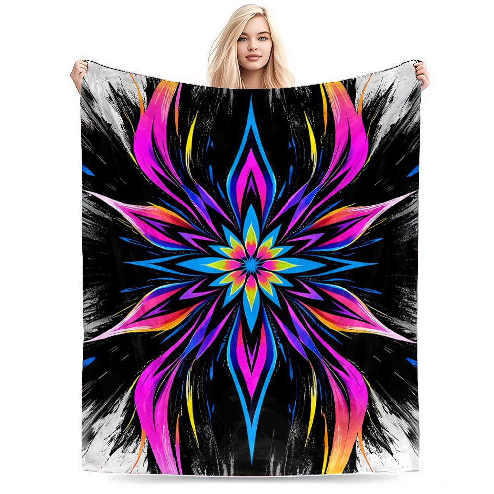 Abstract Colorful Mandala Pattern Blanket with Black Artistic Background Blanket, Suitable for Use In the Bedroom, Living Room, On the Sofa