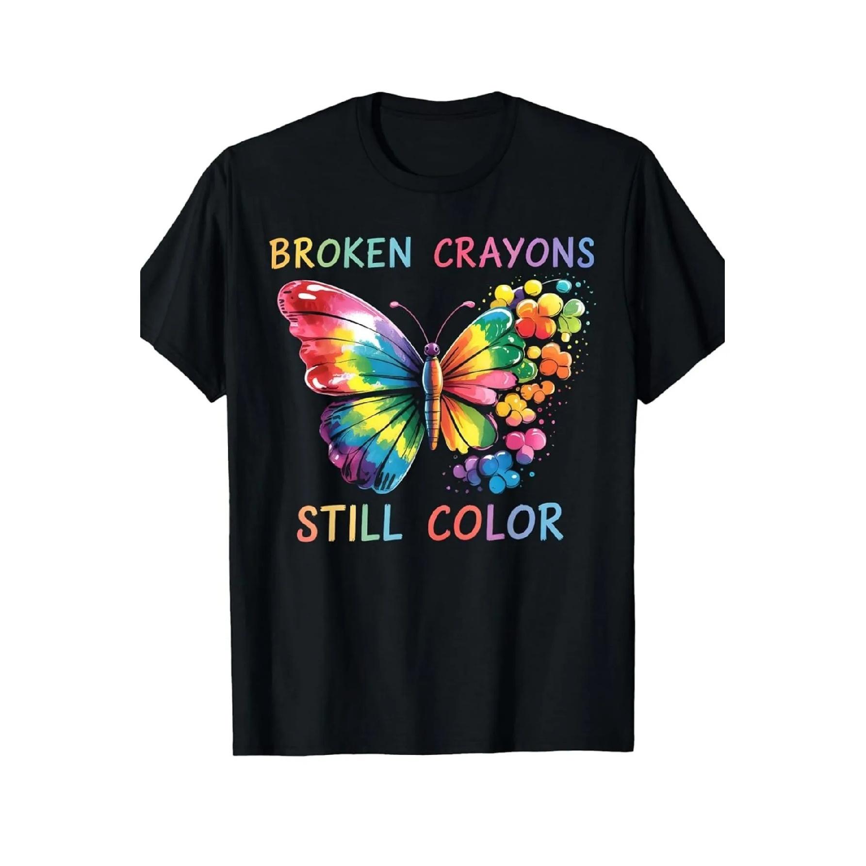 

Broken Crayons Still Color Butterfly Graphic Tee Awareness Support Round Neck Casual Short Sleeve T-Shirt S