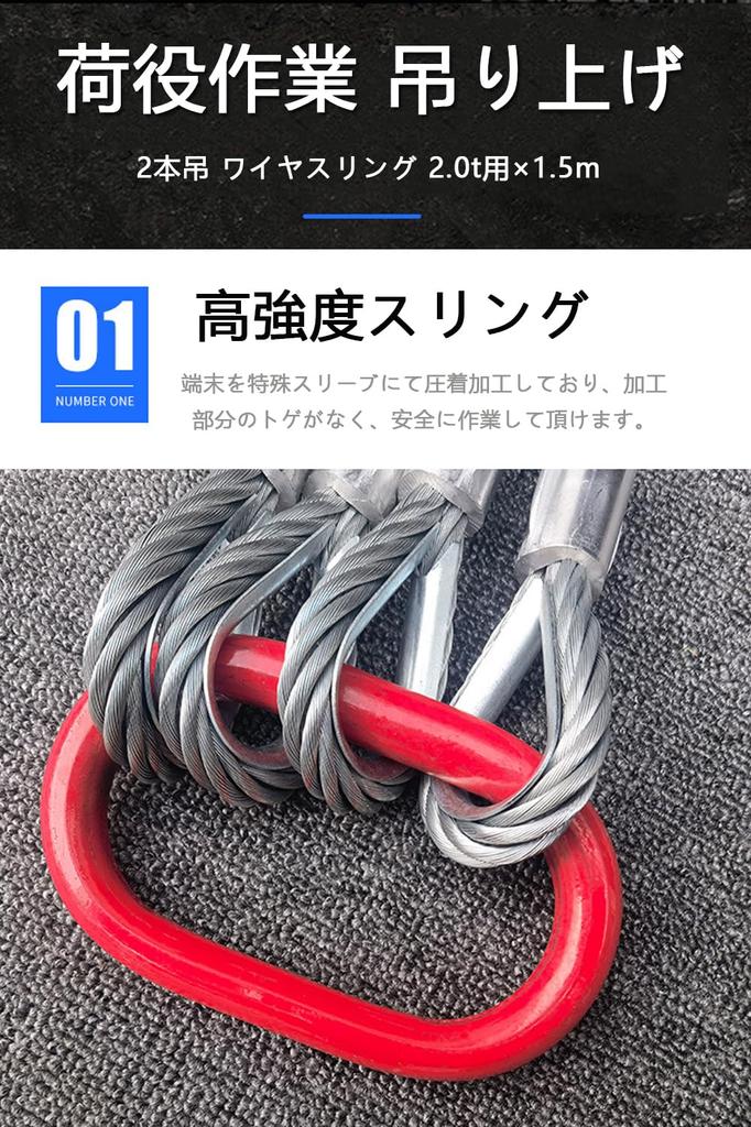 2-leg Wire Rope Sling, 1.5m, 2000kg (2t) Capacity, with Lifting Hook Ring. [2-leg, 2.0t]
