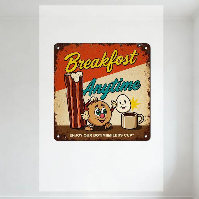 

Vintage Retro Breakfast Metal Tin Sign, Rusty Weathered Wall Decor with Bacon & Egg Cartoon Characters, Breakfast Anytime Text 20x30cm（7.8x11.8inch）
