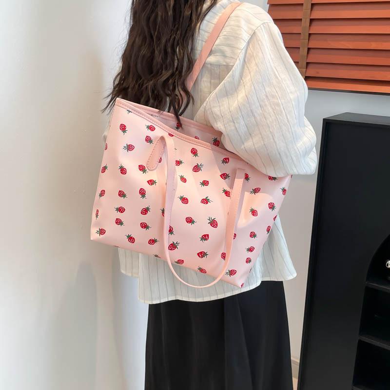 Sweet Cherry Printed Tote Bag For Women Large Capacity Street Style Pu Handbag