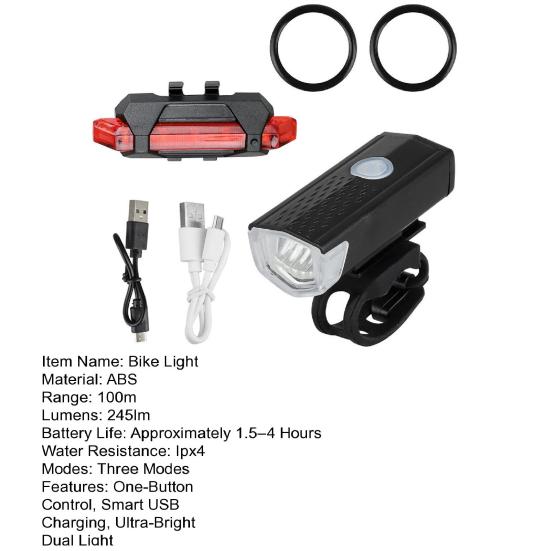 2 st Cykelljus Fram och Bak Set USB Uppladdningsbar Cykellampa med Enknappskontroll Flerläges Ljusstark LED Strålkastare Bakljus Set