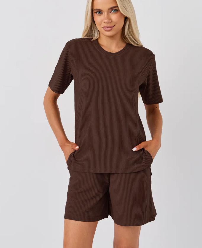 2025 High-Elastic Solid Color Ribbed Short-Sleeve High-Waisted Women s Summer Fashion Set S