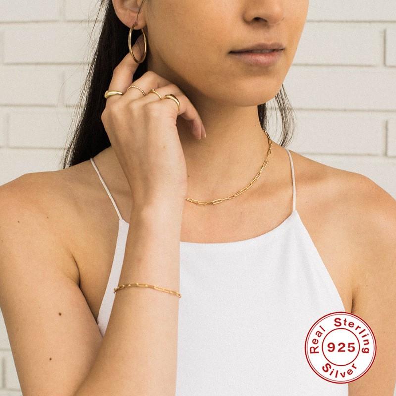 Minimalist Paperclip Chain Bracelet Women Sterling Gold White Plated Geometric Design Lightweight Fashion
