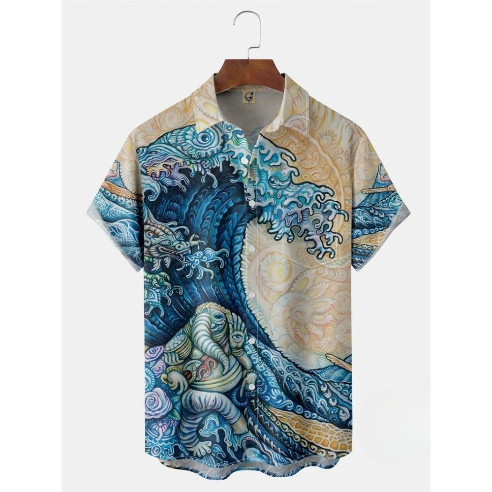 Nowe Koszule Hawajskie Męskie Krótki Rękaw Styl Japoński Grafika 3D Fala Ukiyo Clothes Letnia Ubrania Streetwear Męskie Koszule
