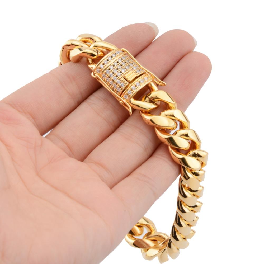 14mm Men's Bracelet White Crystal Buckle Gold Tone  Stainless Steel Curb Miami Chain Bracelet Fashion Jewelry