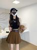 Petite Women's Retro Hong Kong Style Pleated Skirt with Waist-Cinch Belt