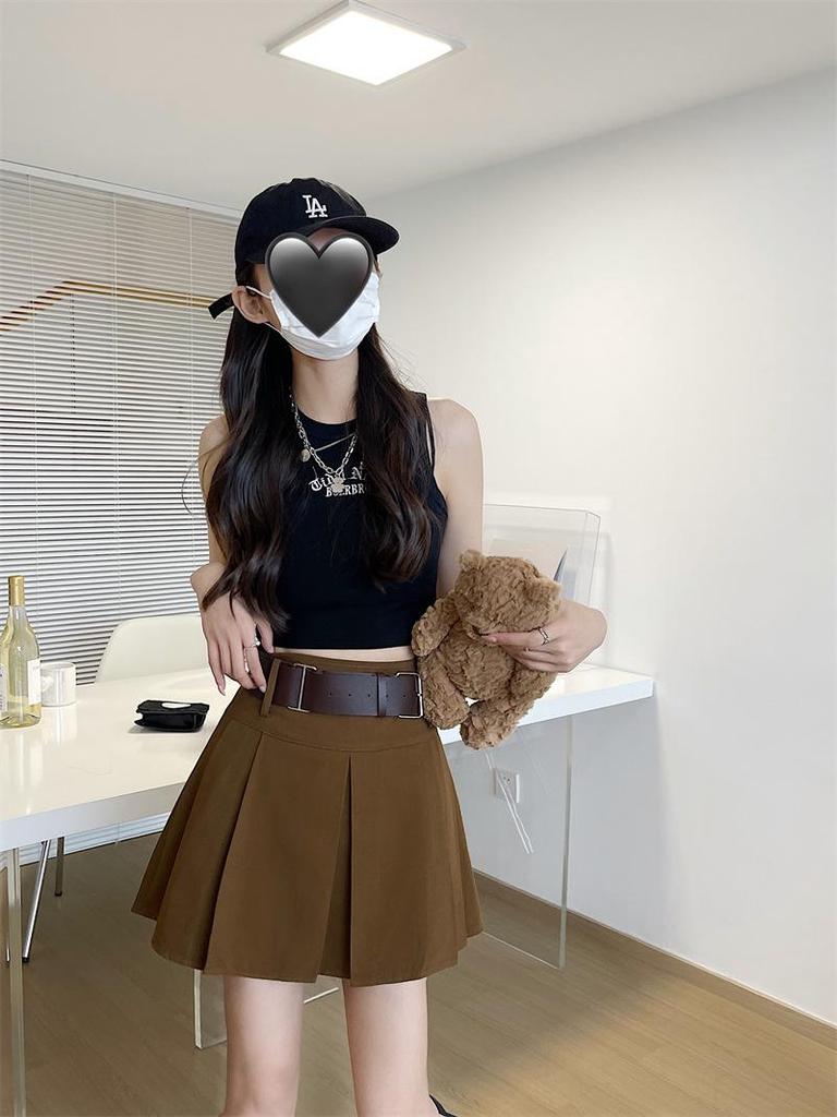 Petite Women's Retro Hong Kong Style Pleated Skirt with Waist-Cinch Belt