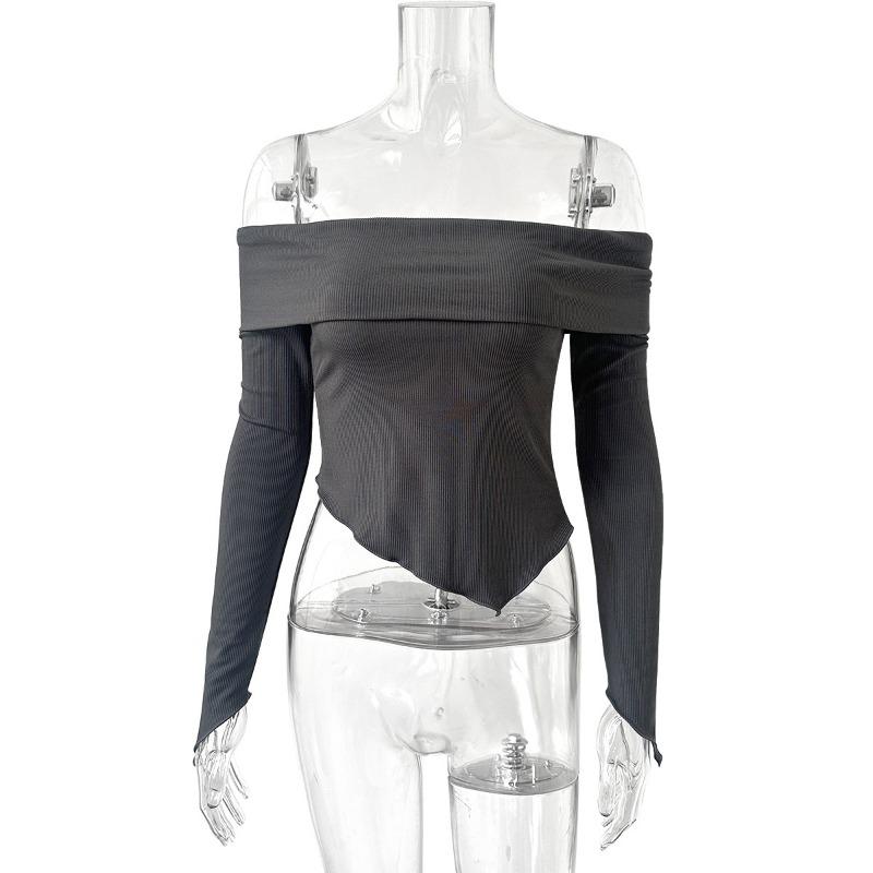 Women's Spring and Autumn Sexy Straight Neck Off-the-shoulder Long-sleeved Top, T-shirt Base Layer