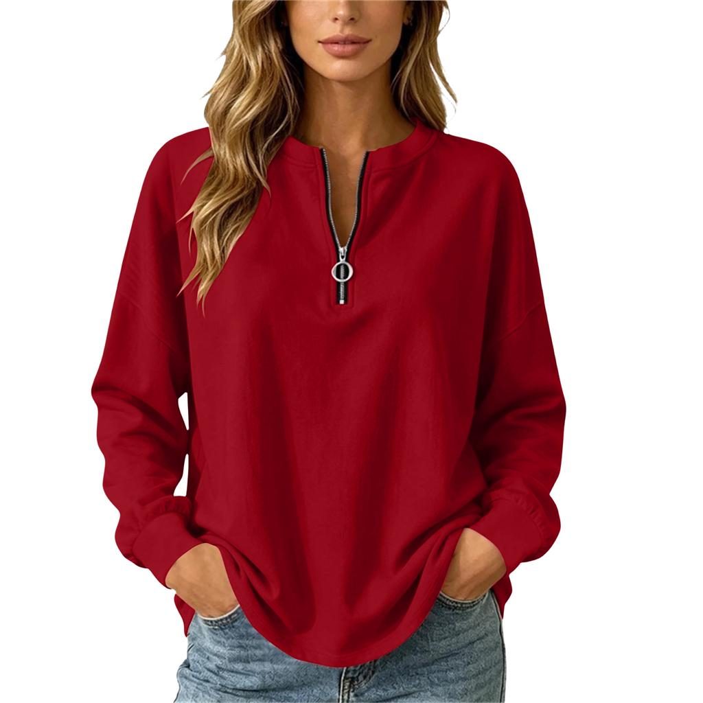 Women's Casual Loose Fit V-Neck Zip Up Long Sleeve Sweatshirt