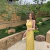Yellow V-neck Neck Dress Women's Summer New Thailand Hainan Sanya Beach Sexy Backless Seaside Vacation Dress