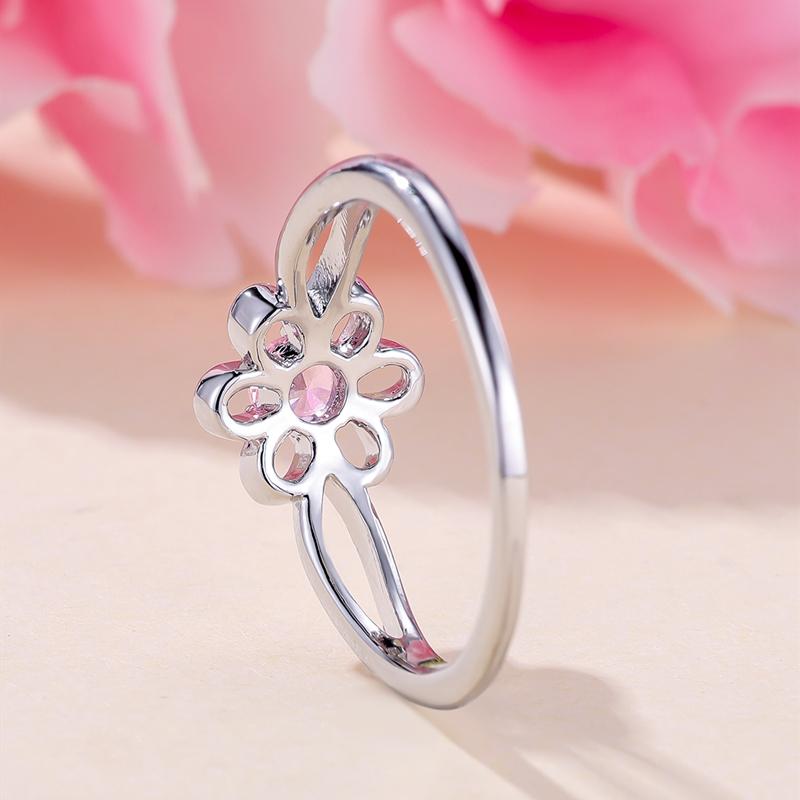 Niedliche hohle Blumenringe mit rosa Zirkonia für Damen, schlichte silberfarbene Hochzeits-Party-Schmuckgeschenke