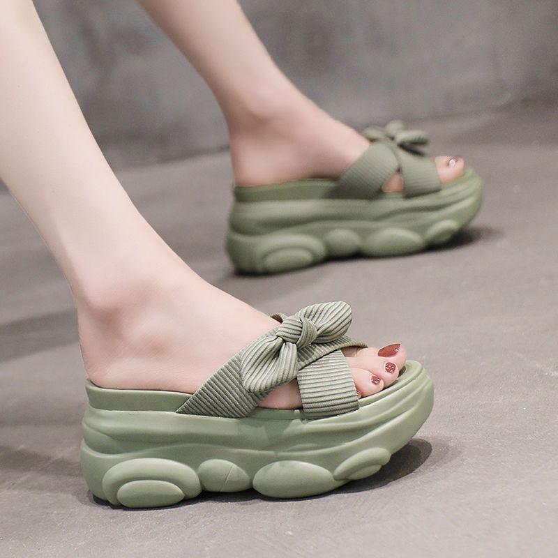 Thick-bottomed muffin slope heel slippers women's summer wear fashion bow cross versatile word sandals
