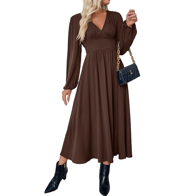Women's V Neck Dress Autumn Winter Solid Color Fit and Flare Silhouette Pullover