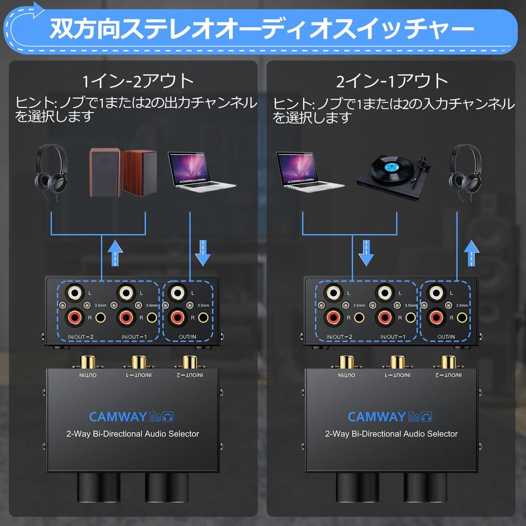 CAMWAY Bidirectional Audio 2 1 with Off Audio Switch Selector Suitable for CD and Computers 2-Port Switcher, 3.5mm + RCA, Inputs/1 Output, Input/2