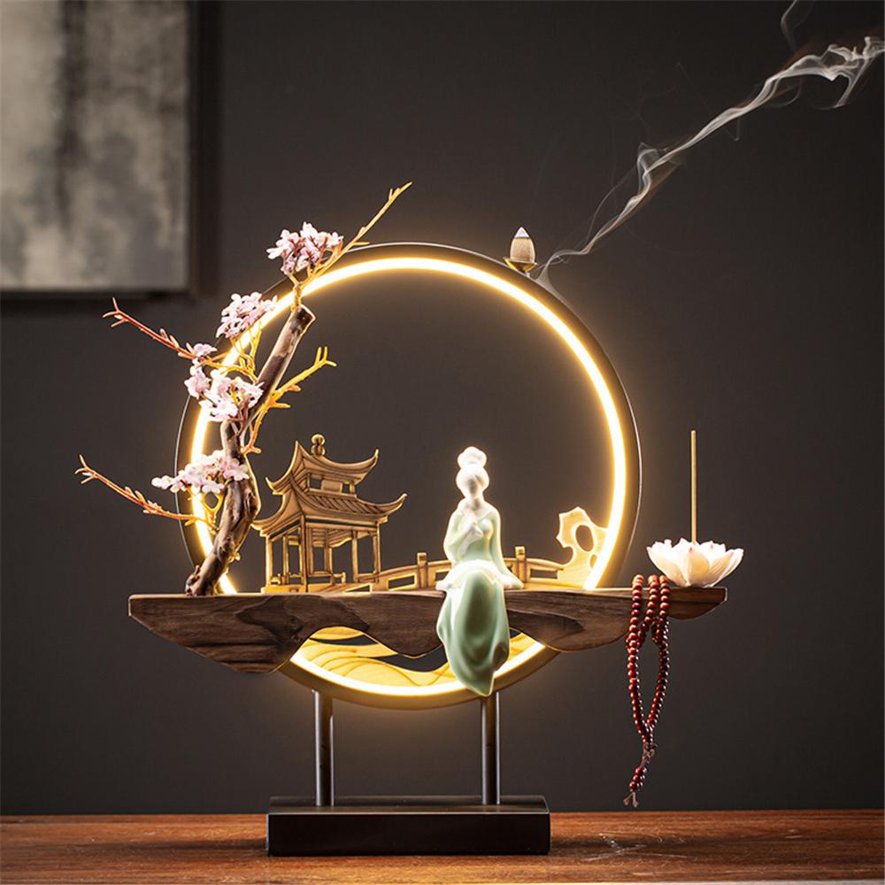 Led Light Backflow Incense Burner USB Light Circle Simulation Tree Ceramic Lotus Buddha Beads Home Office Decoration Furnishing