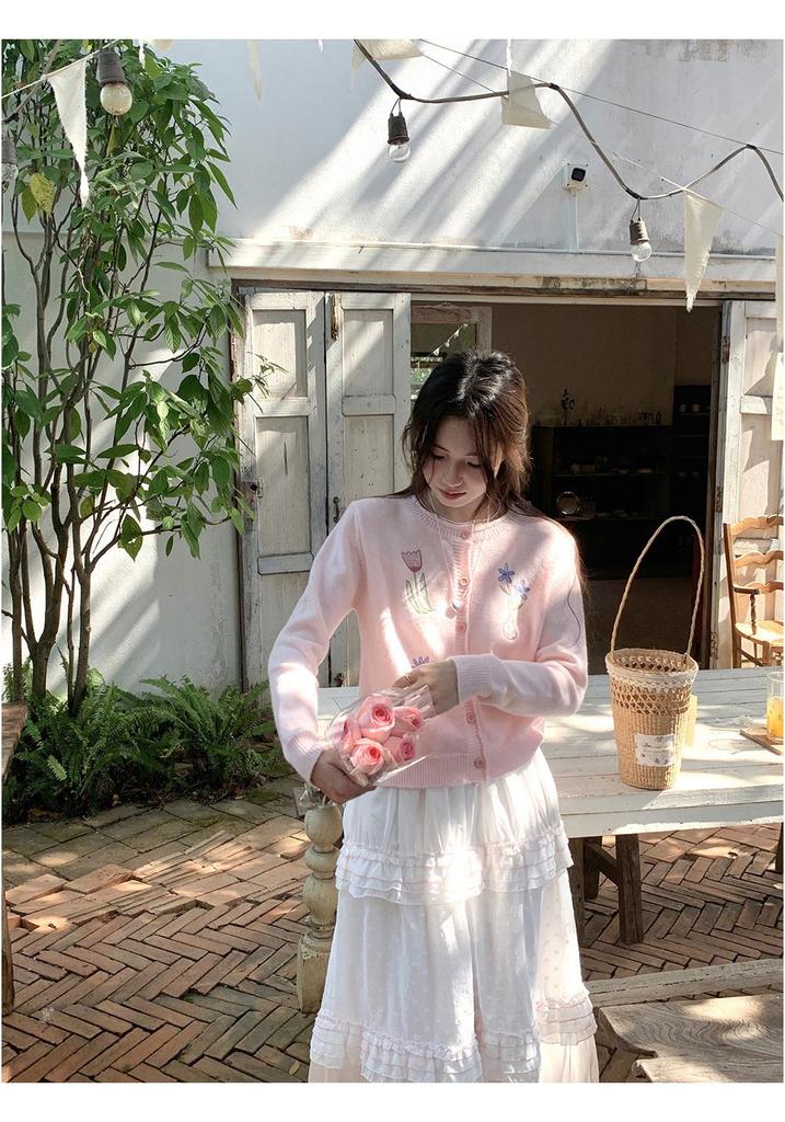 Women's Spring Pink Knit Cardigan with Floral Embroidery and Turn-down Collar