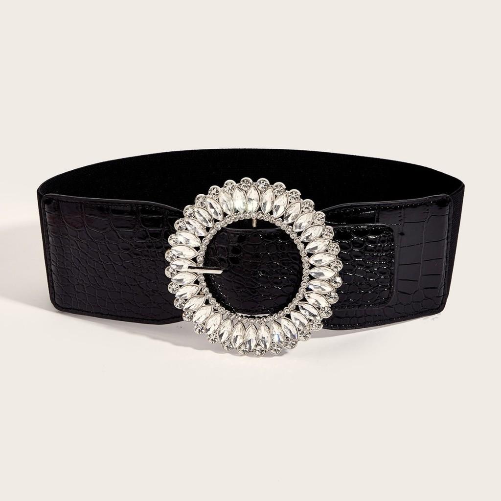 Vintage Korean Style Wide Belt For Dresses With Alloy Buckle And Elastic Waist For Winter Fashion