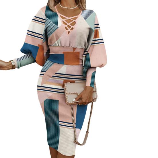 Women Party Prom Dress Hollow Out Long Lantern Sleeve Colorful Print V Neck Tight High Waist Knee Length Elegant Formal Dress