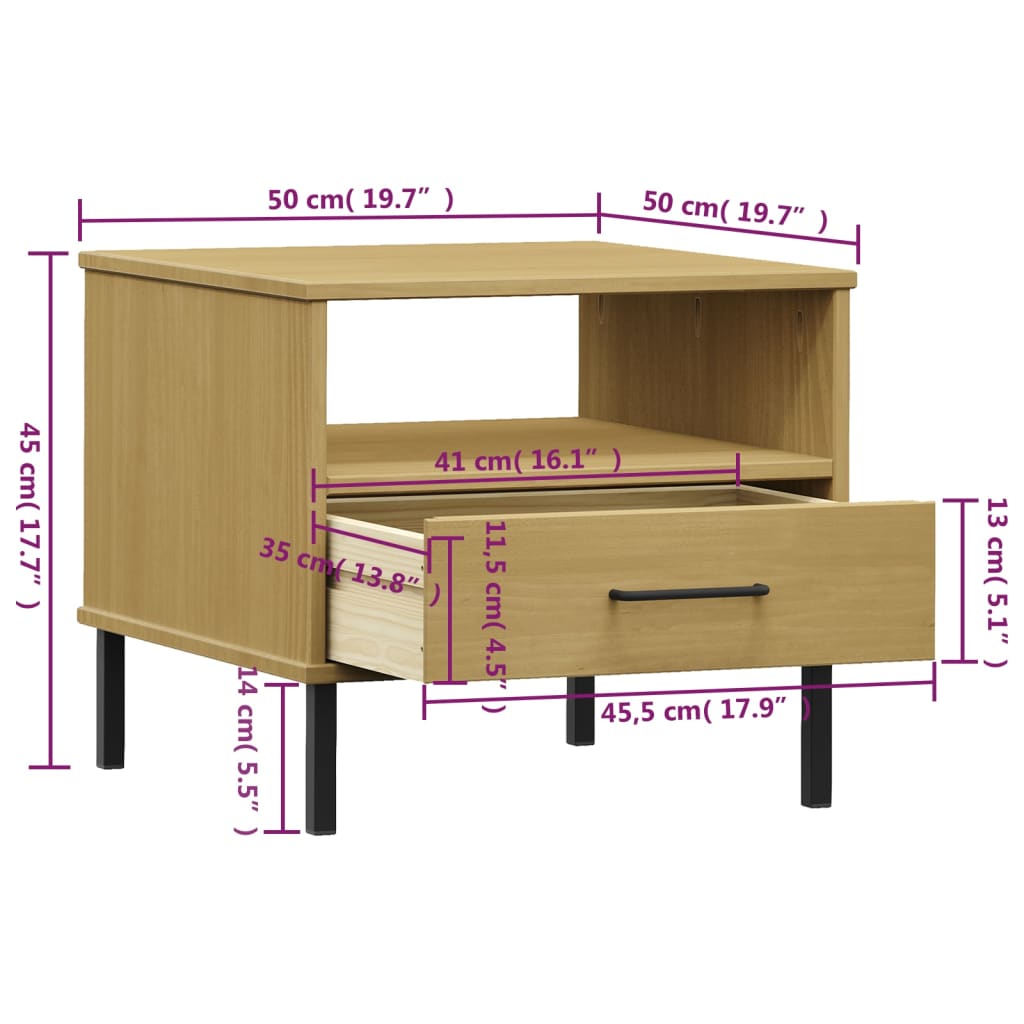 Nightstand OSLO with Metal Legs Brown Solid Pine Wood