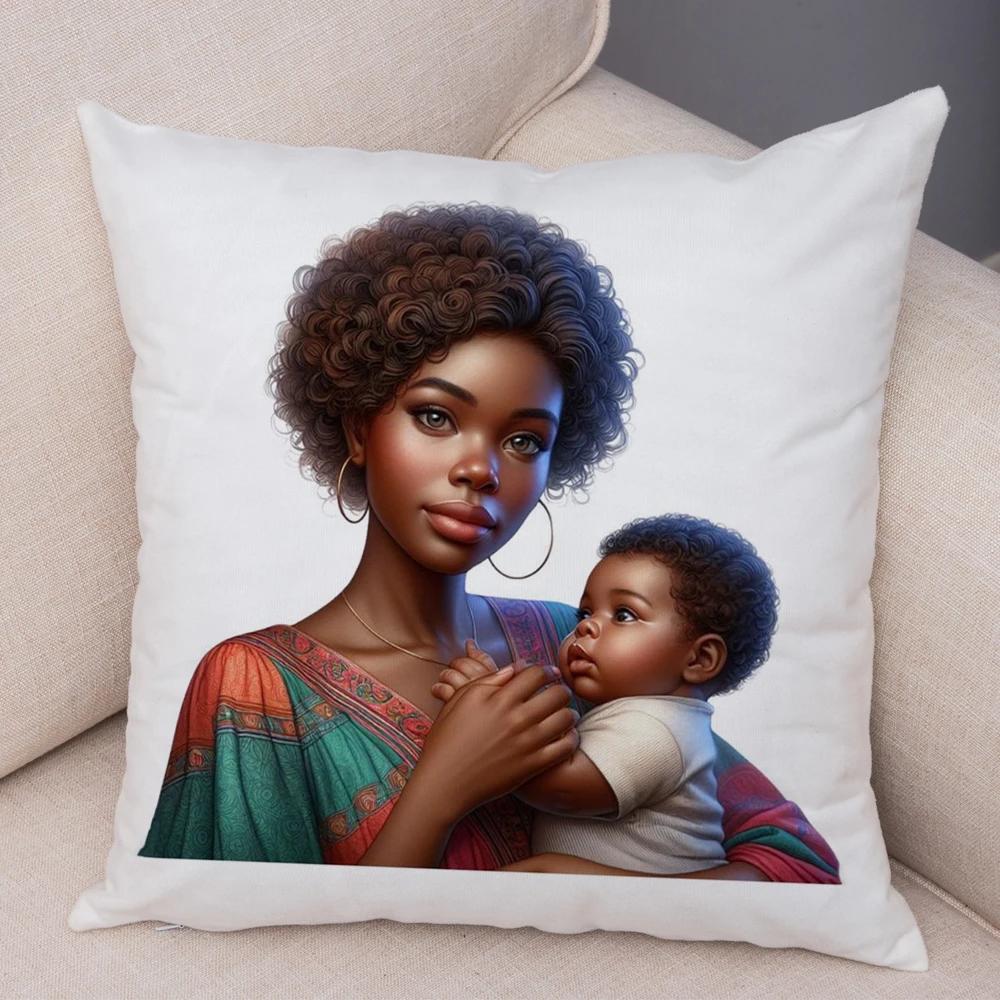 Africa Mom And Baby Pillow Case Decor Cartoon Beautiful Black Women Cushion Cover For Sofa Home Short Plush Pillowcase 45X45Cm