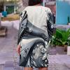 Women Plus Size V Neck Long Sleeve Black White Gray Printed Fitted Straight Hem Dress