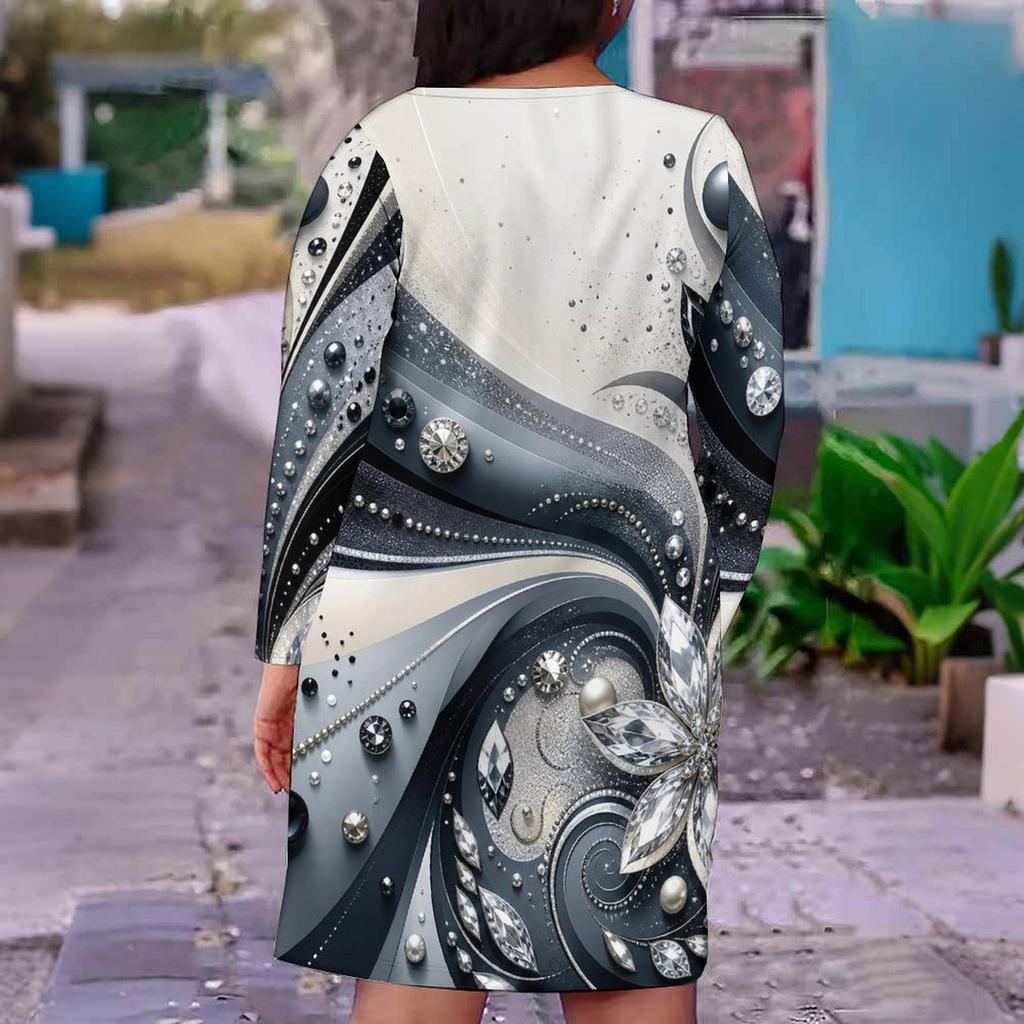 Women Plus Size V Neck Long Sleeve Black White Gray Printed Fitted Straight Hem Dress