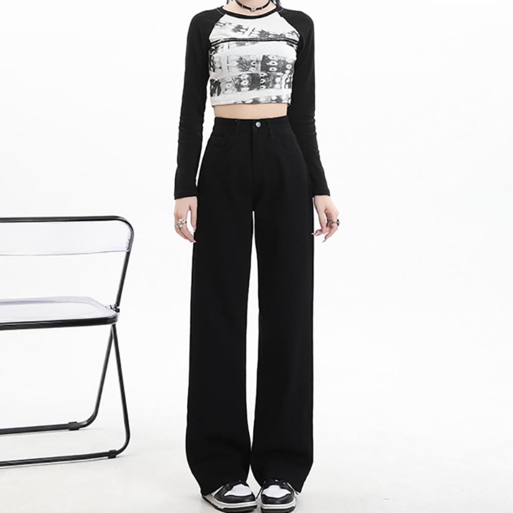 

Autumn straight-leg pants women s versatile simple fashion, thin and tall commuting temperament wide-leg straight jeans tide 2XL чёрный