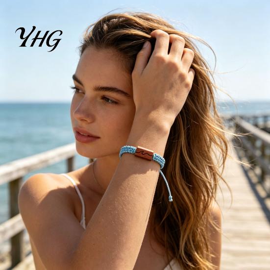 Outdoor Travel Braided Bracelet Adjustable Rope with Wooden Charm, Ocean Wave/Mountain for Commemorative Souvenir Women Men, Handmade Bracelet,