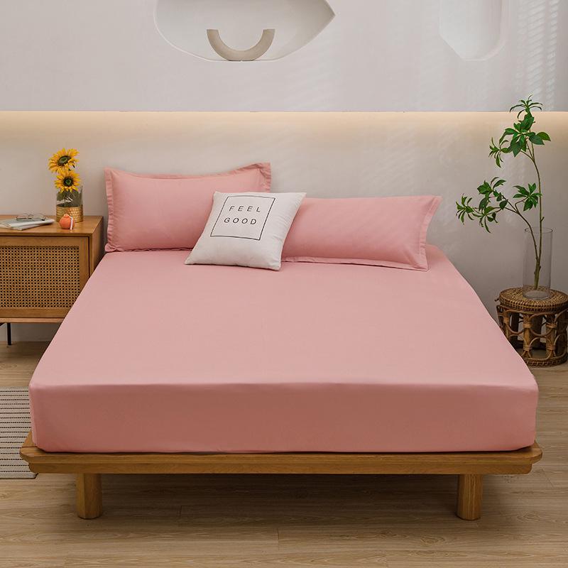 Solid Color Washed Cotton Fitted Sheet with Non-Slip Design and Skin-Friendly Pillowcase