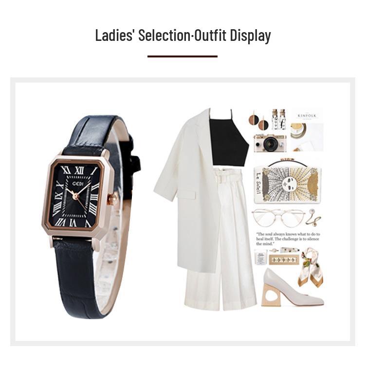Gedi Retro Small Square Dial Ladies Waterproof Leather Strap Quartz Watch