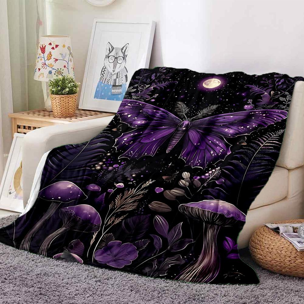 1pc Purple Moonlit Garden Blanket, Lightweight Flannel Throw Blanket for Sofa, Bed, Travel, Camping, Living Room, Office, Couch022