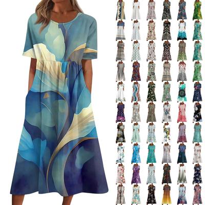 Women's Casual Dresses Printed Dresses Summer Dresses Printed Pleated Round Neck Midi Dresses Basic Classic Outdoor Daily Short Sleeve Loose Dresses