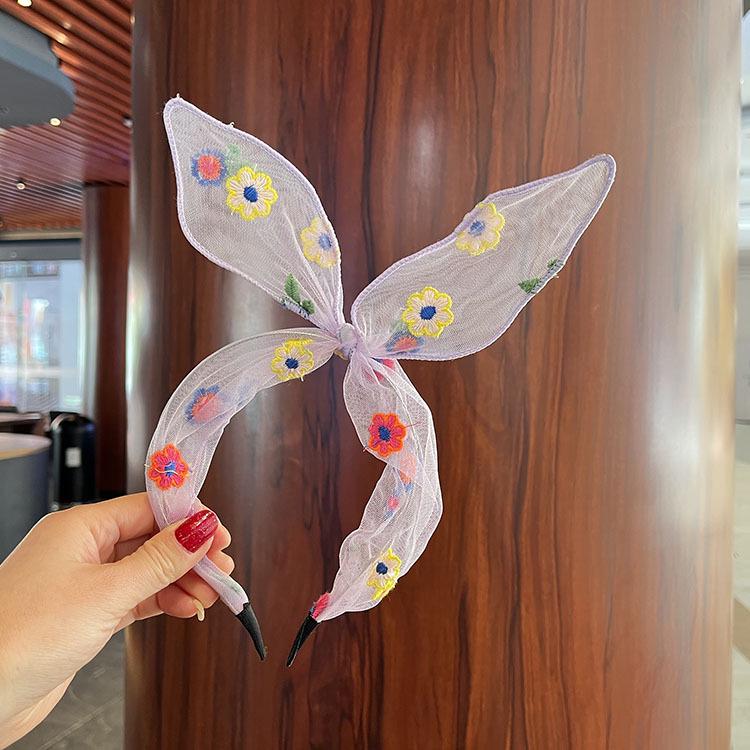 Bandă de păr de vară cu fundă și plasă, brodată cu margarete pentru fete