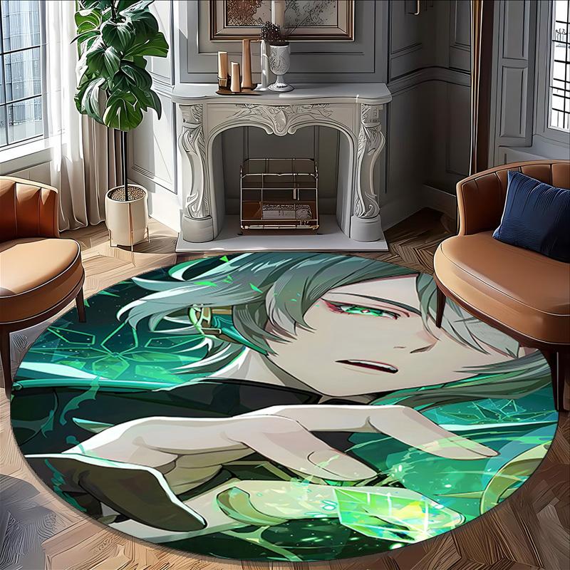 1pc Genshin Impact Alhaitham1 Print Round Carpet Chair Round Carpet Suitable for Bedroom Living Room Home Decorative Carpet