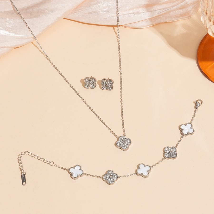 Stal Tytanowa Nieblaknący Czterolistna Koniczyna Kolczyki Naszyjnik i Bransoletka Zestaw Elegancki i Luksusowy Łańcuszek na Obojczyk
